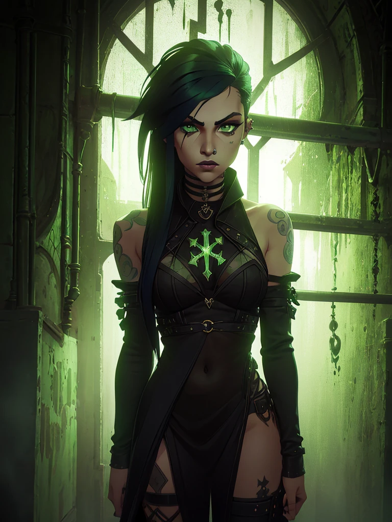 a girl, black hair and dyed phosphor green underneath, phosphor green eyes, has tattoos, piercings, light skin but not that light, dressed in dark fantasy style, long hair gothic dark style punk diesel neogothic