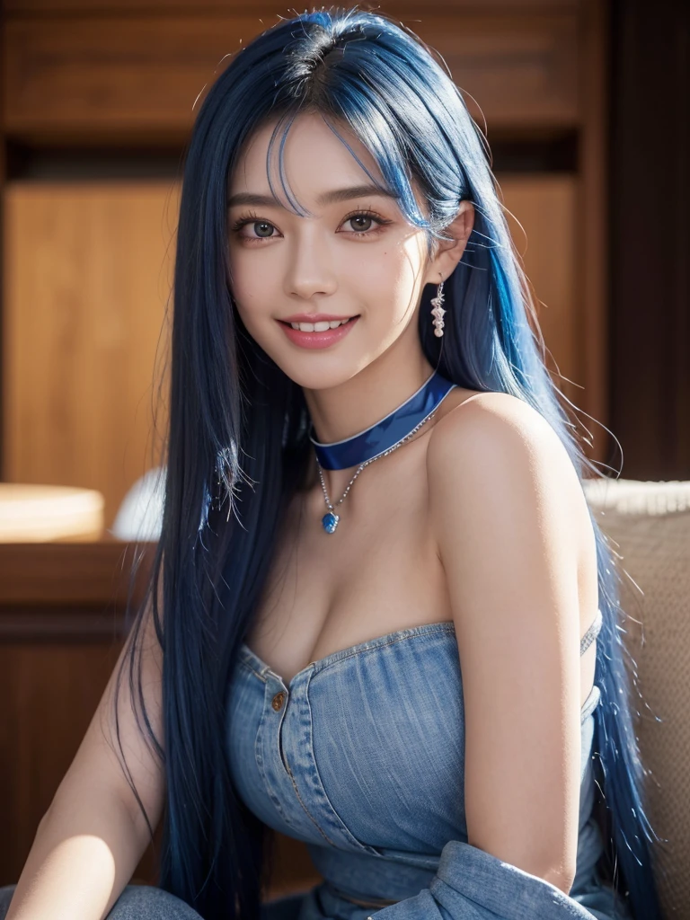 1girl, alone, solitary, high quality, (best quality,4k,8k,highres,masterpiece:1.2),ultra-detailed,(realistic,photorealistic,photo-realistic:1.37),gorgeous hair,sapphire hair,long straight hair with bangs,sharp eyes,mole under the eye,plump lips,jewelry,(high detailed skin:1.4),(rim lighting:1.3),(lit:1.3),(sunny day:1.3),portrait,beautiful lips,waist-length hair,seductive gaze,moles,casual clothes,colorful clothing,close up,super long hair,choker necklace,tattoos,tattooed,light eyes,bangs,fringe,20 year old,dimples on the cheeks,dimples,sapphire blue hair,bluehair,blue hair,bright royal blue hair,royal blue,sapphire hair,sapphire,beautiful smile,perfect teeth,straight teeth,perfect sized teeth,dazzling smile