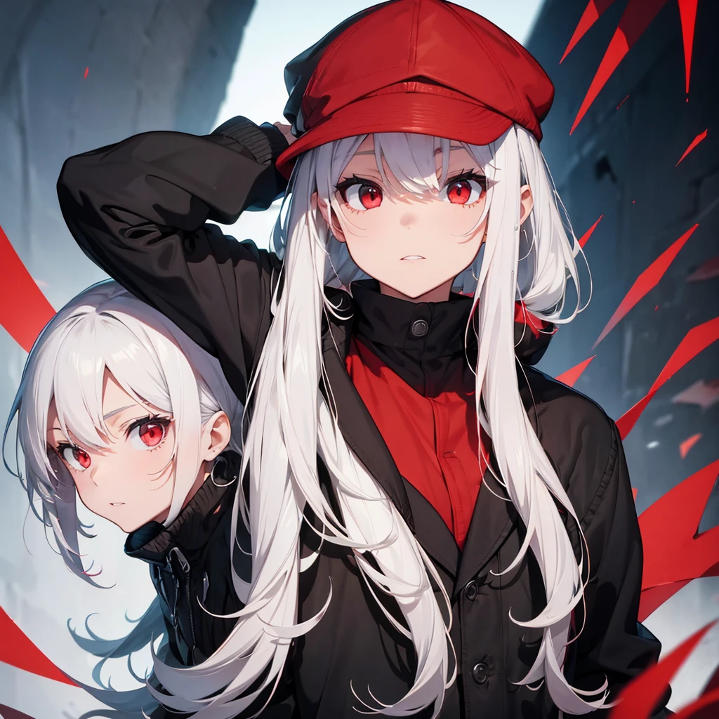 Makes a man with white hair and red eyes wearing a black cap with a black and red coat