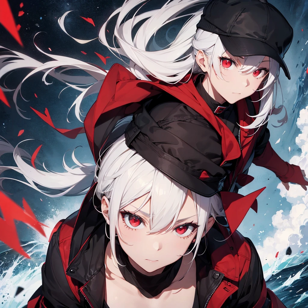 Makes a man with white hair and red eyes wearing a black cap with a black and red coat