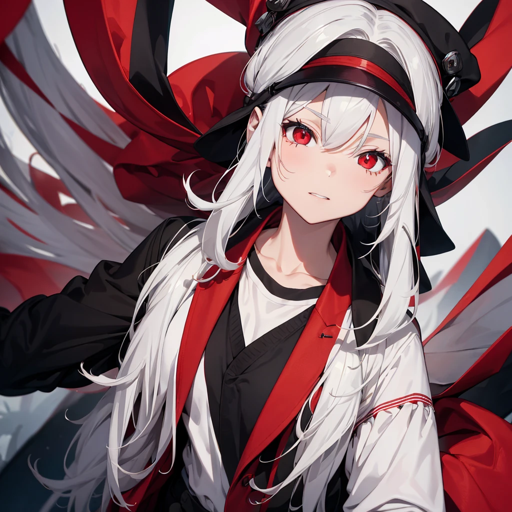 Makes a man with white hair and red eyes wearing a black cap with a black and red coat