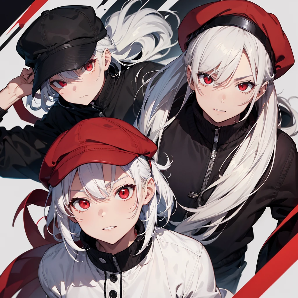 Makes a man with white hair and red eyes wearing a black cap with a black and red coat