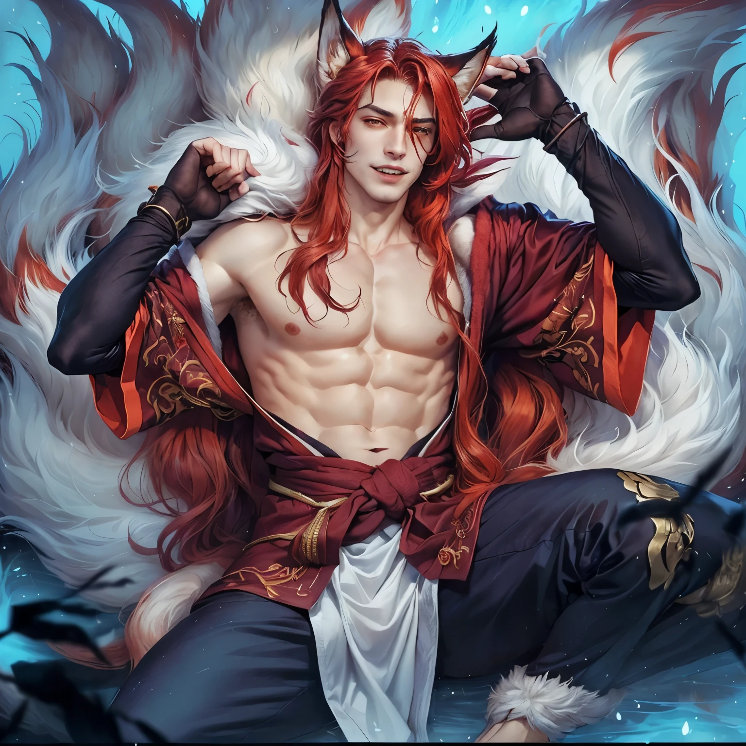Handsome Kitsune young man, long red hair, fangs, fox ears, fox tails, deep red silk robes