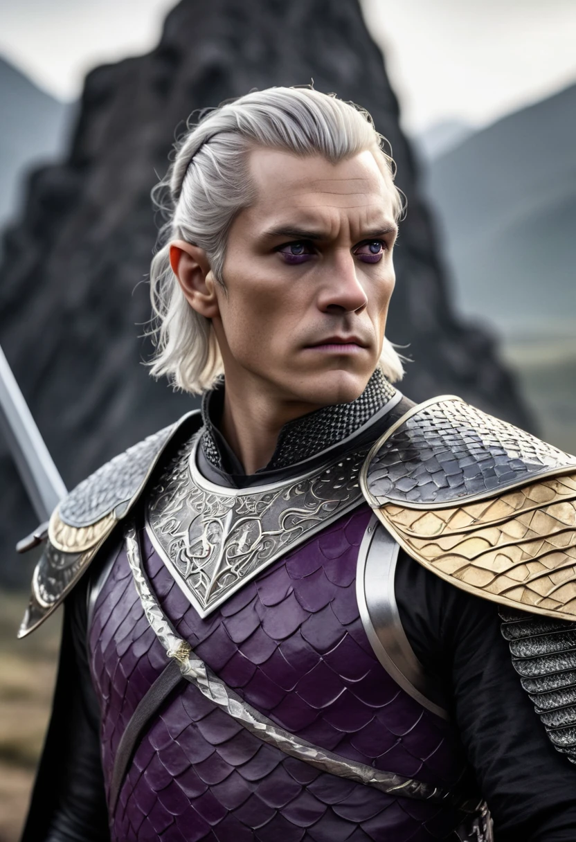 (masterpiece, 8K, UHD, high resolution: 1.4), imposing portrait of Aegon Targaryen, (tall, broad-shouldered, powerful in appearance: 1.3), (piercing purple eyes, short silver and gold hair: 1.3), (wearing a shirt of black scales for battle: 1.2), (wielding the Valyrian steel sword, Blackfyre: 1. 3), (Valyrian steel crown with large square-cut rubies: 1.2), (landscape of a battlefield in the background: 1.1), (authoritative and charismatic atmosphere: 1.3), realistic and intricate details, (elements of fantasy and history: 1.2), (heroic and enigmatic perspective: 1.3)