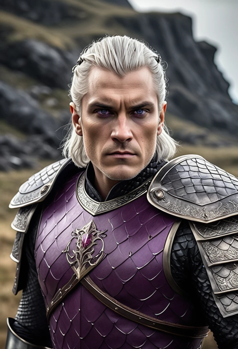 (masterpiece, 8K, UHD, high resolution: 1.4), imposing portrait of Aegon Targaryen, (tall, broad-shouldered, powerful in appearance: 1.3), (piercing purple eyes, short silver and gold hair: 1.3), (wearing a shirt of black scales for battle: 1.2), (wielding the Valyrian steel sword, Blackfyre: 1. 3), (Valyrian steel crown with large square-cut rubies: 1.2), (landscape of a battlefield in the background: 1.1), (authoritative and charismatic atmosphere: 1.3), realistic and intricate details, (elements of fantasy and history: 1.2), (heroic and enigmatic perspective: 1.3)