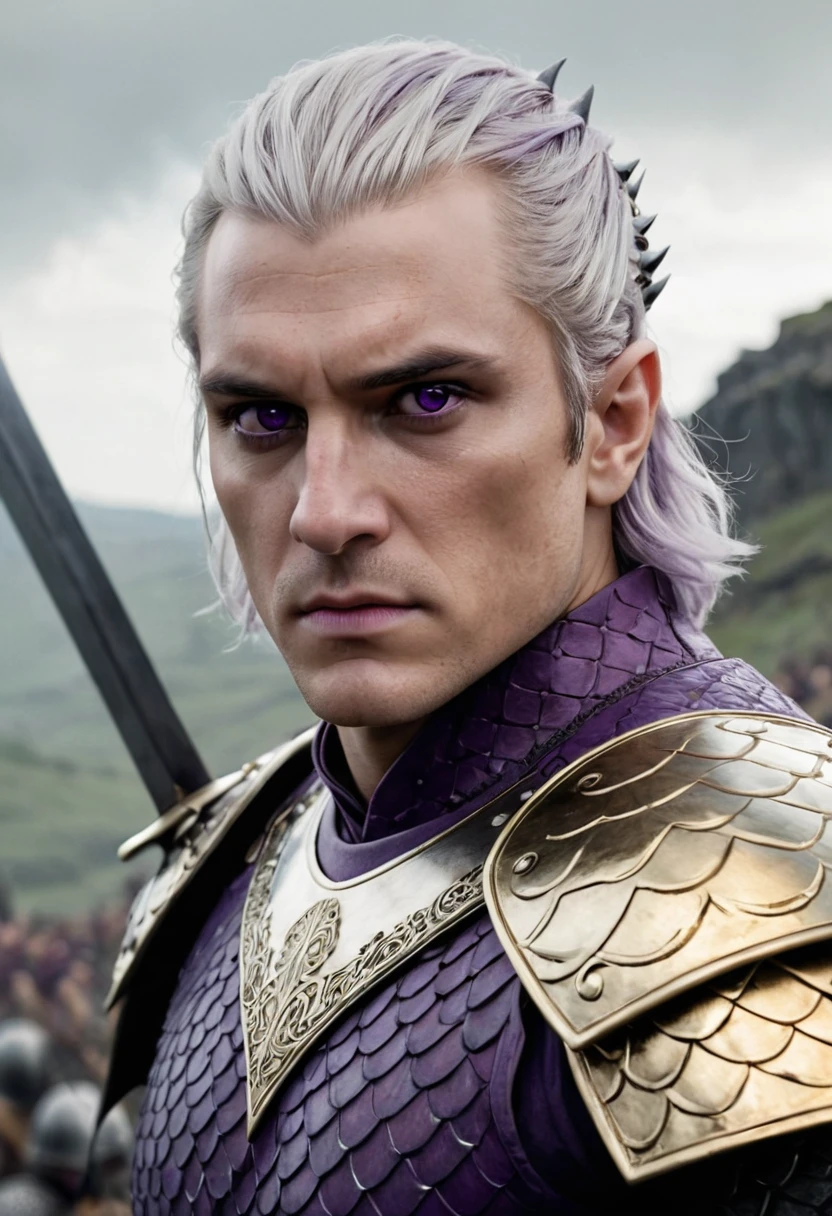 (masterpiece, 8K, UHD, high resolution: 1.4), imposing portrait of Aegon Targaryen, (tall, broad-shouldered, powerful in appearance: 1.3), (piercing purple eyes, short silver and gold hair: 1.3), (wearing a shirt of black scales for battle: 1.2), (wielding the Valyrian steel sword, Blackfyre: 1. 3), (Valyrian steel crown with large square-cut rubies: 1.2),  (landscape of a battlefield in the background: 1.1), (authoritative and charismatic atmosphere: 1.3), realistic and intricate details, (elements of fantasy and history: 1.2), (heroic and enigmatic perspective: 1.3)