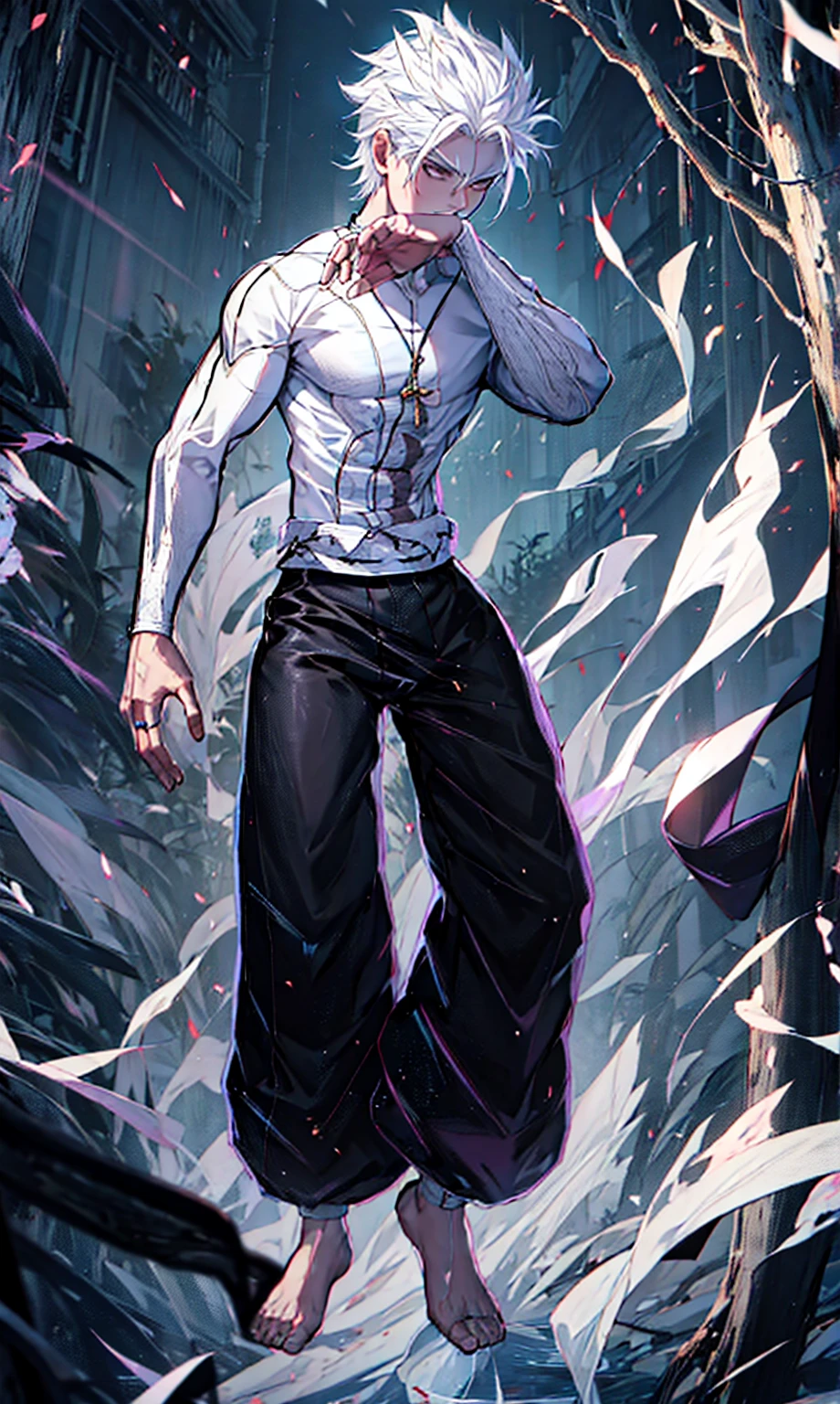 male boy, white hair, defined body, white hair, black kung fu style pants
