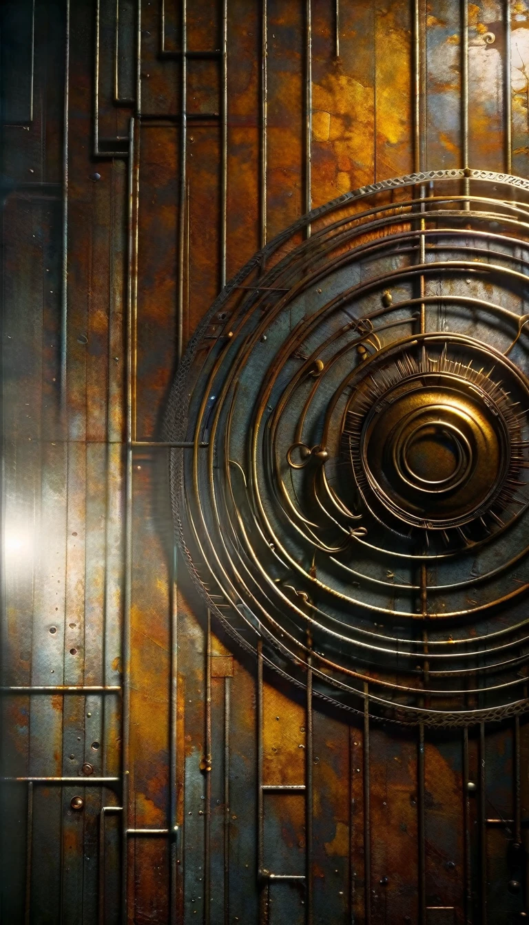 decorative metal sheet, rusty, the sun, art inspired by dave mckean, digital art, photorealistic, chiaroscuro lighting, moody atmosphere, dramatic shadows, textured surfaces, intricate details, abstract patterns, industrial aesthetics, dystopian, cinematic, muted color palette, warm tones, strong contrast, (best quality,4k,8k,highres,masterpiece:1.2),ultra-detailed,(realistic,photorealistic,photo-realistic:1.37)