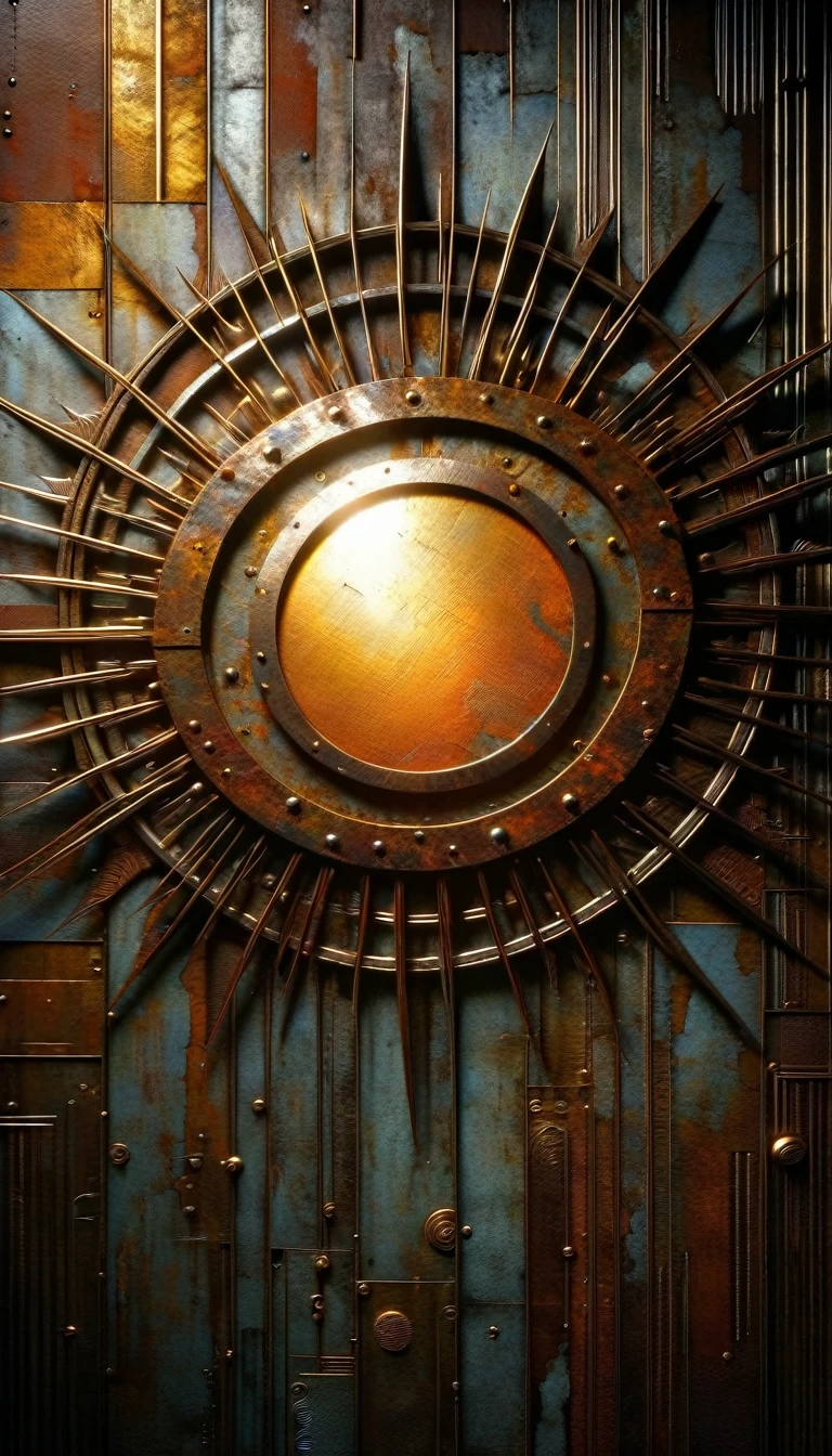 decorative metal sheet, rusty, the sun, art inspired by dave mckean, digital art, photorealistic, chiaroscuro lighting, moody atmosphere, dramatic shadows, textured surfaces, intricate details, abstract patterns, industrial aesthetics, dystopian, cinematic, muted color palette, warm tones, strong contrast, (best quality,4k,8k,highres,masterpiece:1.2),ultra-detailed,(realistic,photorealistic,photo-realistic:1.37)