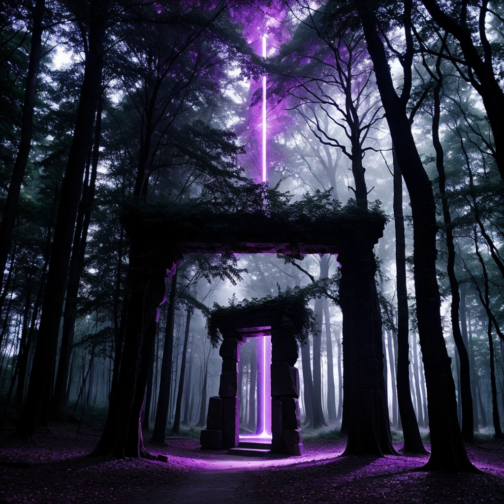 obsidian rectangular portal with purple light in the middle of a fantasy forest as if it were part of a dark fantasy movie from the 80s