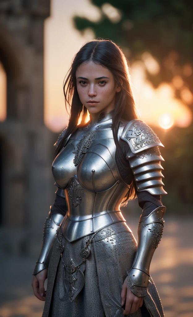 (masterpiece), (extremely intricate:1.3), (realistic), portrait of a girl, the most beautiful in the world, (medieval armor), metal reflections, upper body, outdoors, intense sunlight, far away castle, professional photograph of a stunning woman detailed, sharp focus, dramatic, award winning, cinematic lighting, octane render  unreal engine,  volumetrics dtx, (film grain, blurry background, blurry foreground, bokeh, depth of field, sunset, motion blur:1.3), chainmail