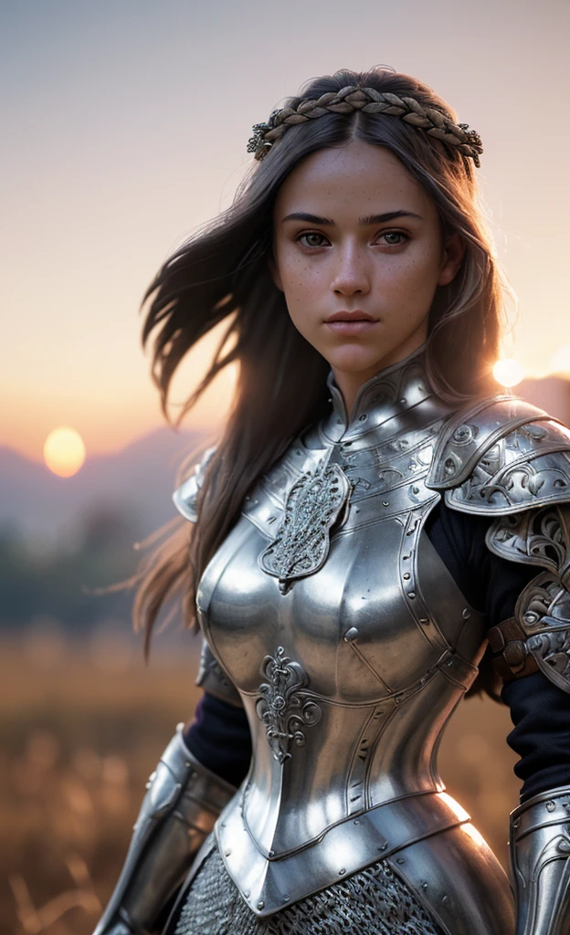 (masterpiece), (extremely intricate:1.3), (realistic), portrait of a girl, the most beautiful in the world, (medieval armor), metal reflections, upper body, outdoors, intense sunlight, far away castle, professional photograph of a stunning woman detailed, sharp focus, dramatic, award winning, cinematic lighting, octane render  unreal engine,  volumetrics dtx, (film grain, blurry background, blurry foreground, bokeh, depth of field, sunset, motion blur:1.3), chainmail