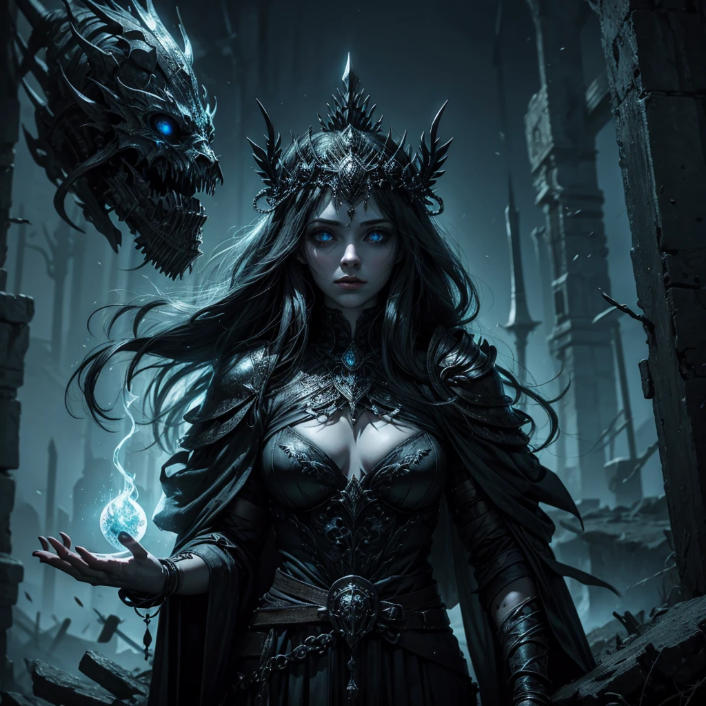 A goddess of death floating in the air below her some dark souls with illuminated eyes