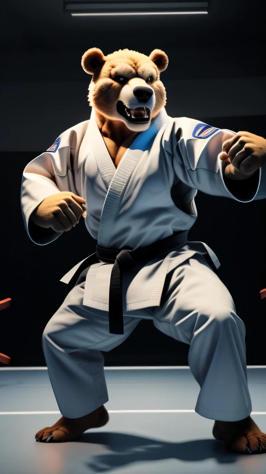 (best qualityer, 16K, 32k, high resolution, Masterpiece artwork: 1.2), ultra detali, (realisitic, fotorrealisitic, fotorrealisitic: 1.37), (The best Karate fighting bear, humanoid) olhos vermelhos brilhantes fundo de fogo realisitic de totalmente de agressive , good urso, agressive, scary face, karate fighting pose