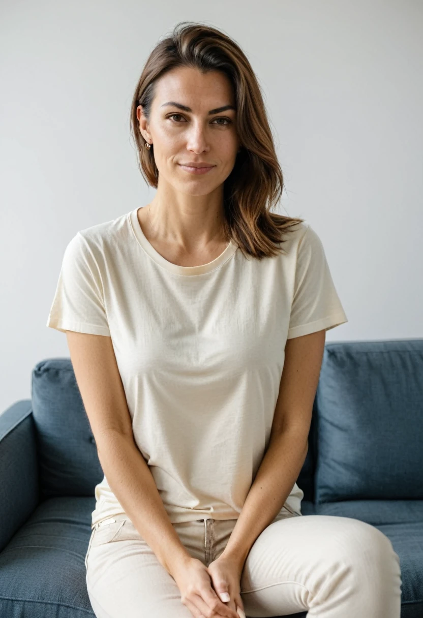RAW photo, full body, 30-year-old woman, casual t-shirt, sitting on the guest sofa, looking at the viewer, wearing cream shoes, straight forward position, in front of the viewpoint,