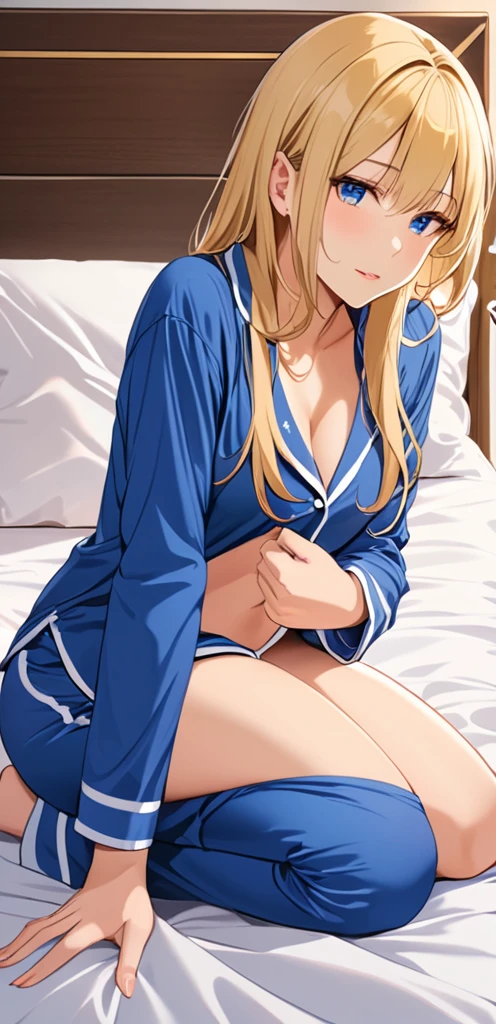 (masterpiece, best quality:1.2), 1girl, crawling in a bed, blonde, long hair, horny, blue pajamas，blue pajamas short bottoms, sexy pose, open legs