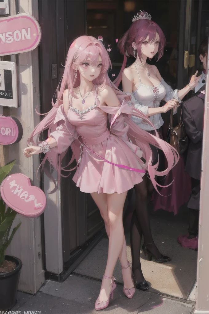 Women, approximately 18 years old, pink eyes, good body, maroon locks in hair, She has a short pink dress with pink gems, his hair is a little long, has pink powers, On her neck she has a necklace with a heart-shaped gem., she is a queen.