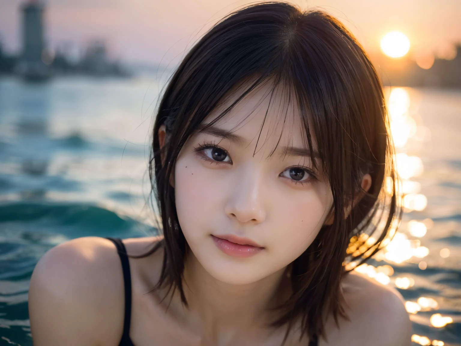 8K、Two beautiful girls, 15 and 18 years old,Rembrandt Lighting,(Photorealistic:1.2), (Highest quality), (Detailed skin:1.3), (Intricate details), Ray Tracing,Two Girls, In detail,real,RAW Photos & Realistic atmosphere,、,Detailed lips、Beautiful, shining lips, Detailed face、Cheek to cheek, in the sea、Strong winds (Highest quality,masterpiece:1.3,Ultra-high resolution),(Very detailed,Caustics,8K),(Realistic:1.4,RAW shooting), In detail,real,Scattered beneath the surface,(blush:0.5), Detailed skin texture,Japanese,cute,Black long and short hair,Looking at the camera,Collarbone Bare Skin,Shoulder Bare Skin,(Face Focus:1.1),(Face close-up:1.1),Sunset,Natural light