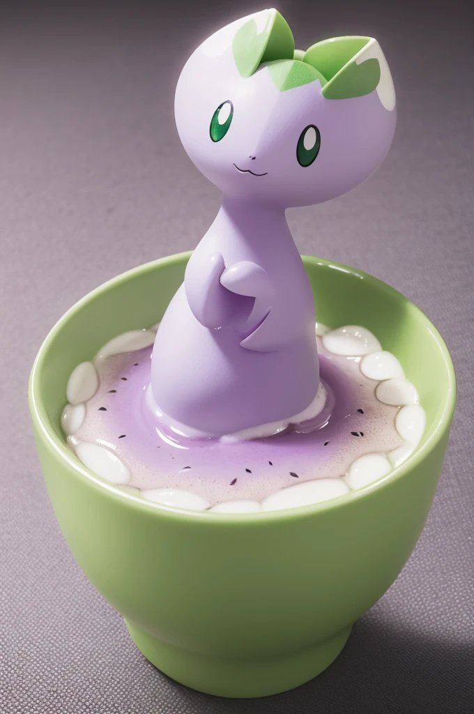 Create a green tea cup pokemon, with lilac background