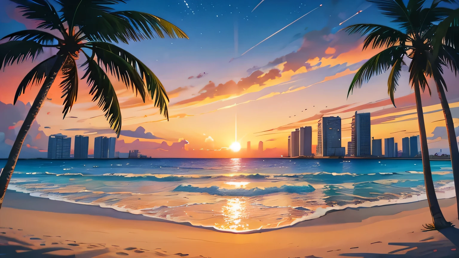 beach landscape sunset and yellow sun, orange colors, palms, stars and big buildings, red clouds
