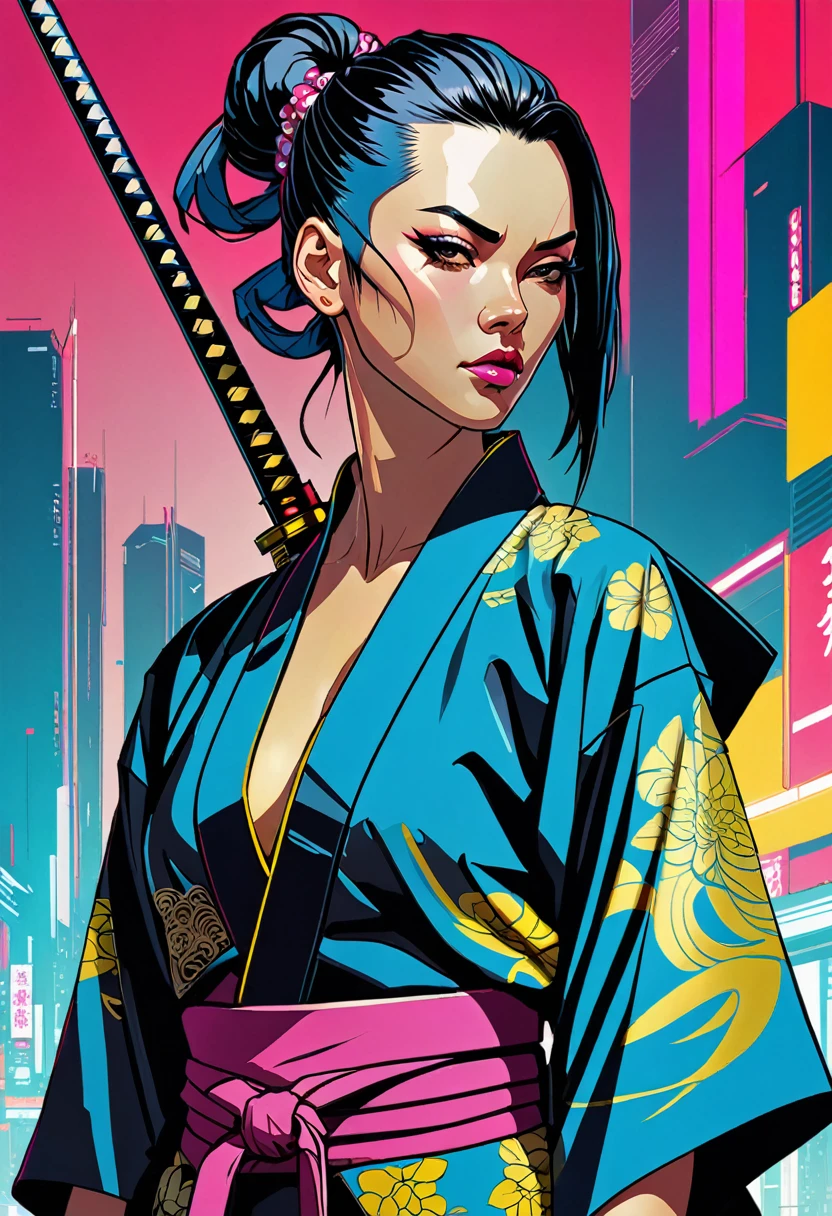 Portrait of beautiful cyberpunk 2b as a samurai in a futuristic kimono, intricate details, by tomer hanuka, j scott cambell, jorge jimenez, kaethe butcher, cel shading, bold lines, dynamic colors, high contrast, surreal, abstract background, coverart, artstation, 8k