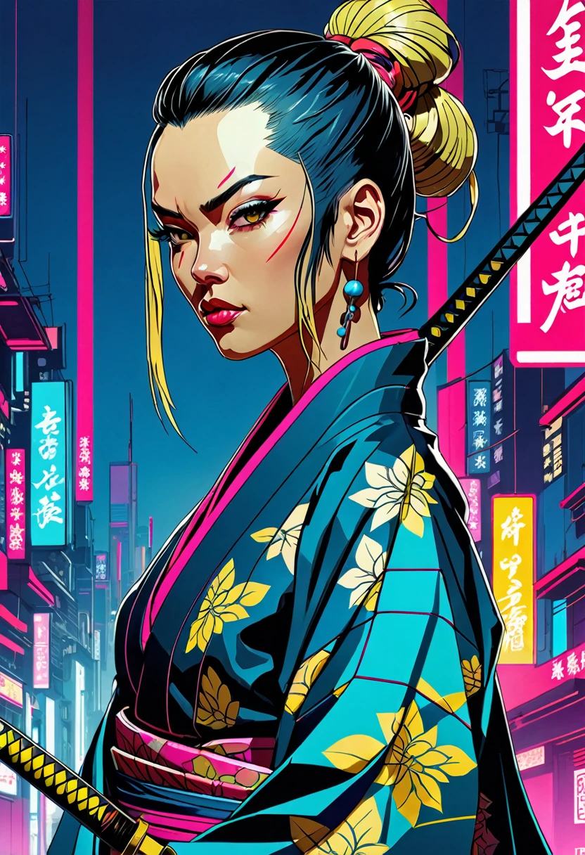 Portrait of beautiful cyberpunk 2b as a samurai in a futuristic kimono, intricate details, by tomer hanuka, j scott cambell, jorge jimenez, kaethe butcher, cel shading, bold lines, dynamic colors, high contrast, surreal, abstract background, coverart, artstation, 8k