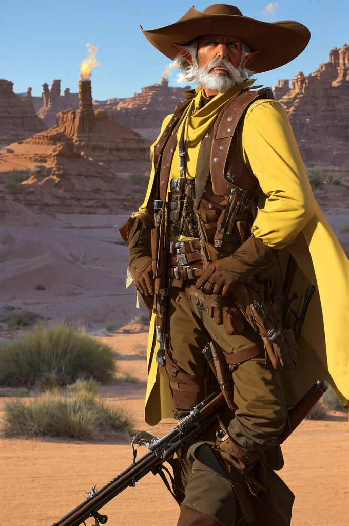 A male Tiefling Artificer named Moxie, aged 23, standing in a desert environment. He has red skin, medium-length white hair slicked back, and yellow eyes with black pupils. His horns are bent backward, and he has a metal artificial hand. Moxie is dressed in a dusty cowboy outfit, including a white shirt, brown vest, leather duster, and a brown cowboy hat. He holds a self-made hunting rifle with both hands and has a bunch of grenades attached to his belt and a bag of holding. He has a gentle but serious expression on his face