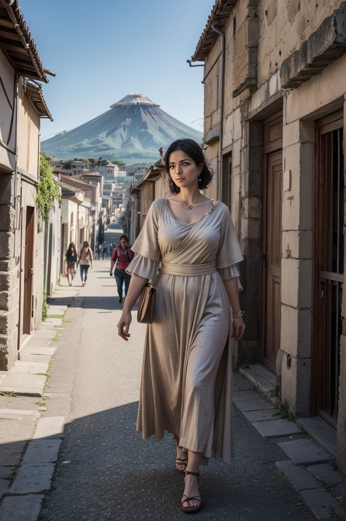 1womanl, 40 year old young man, from ancient Rome, period clothes, from the city of Pompeii, the versuvius volcano in the background, walking down the street, volumetric lighting, athletic, best qualityer, fot, details Intricate, tone mapping, sharp focus, hyper detailled, trends on artstation, gazing at viewer, realisitic