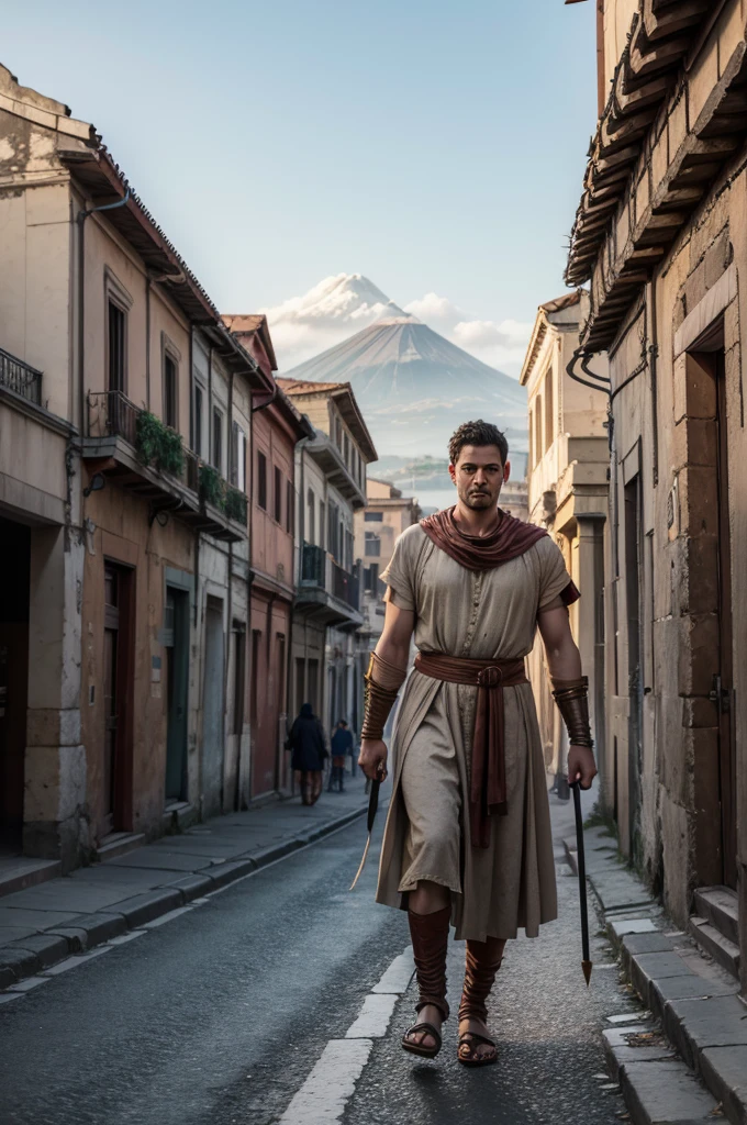 1womanl, 40 year old young man, from ancient Rome, period clothes, from the city of Pompeii, the versuvius volcano in the background, walking down the street, volumetric lighting, athletic, best qualityer, fot, details Intricate, tone mapping, sharp focus, hyper detailled, trends on artstation, gazing at viewer, realisitic