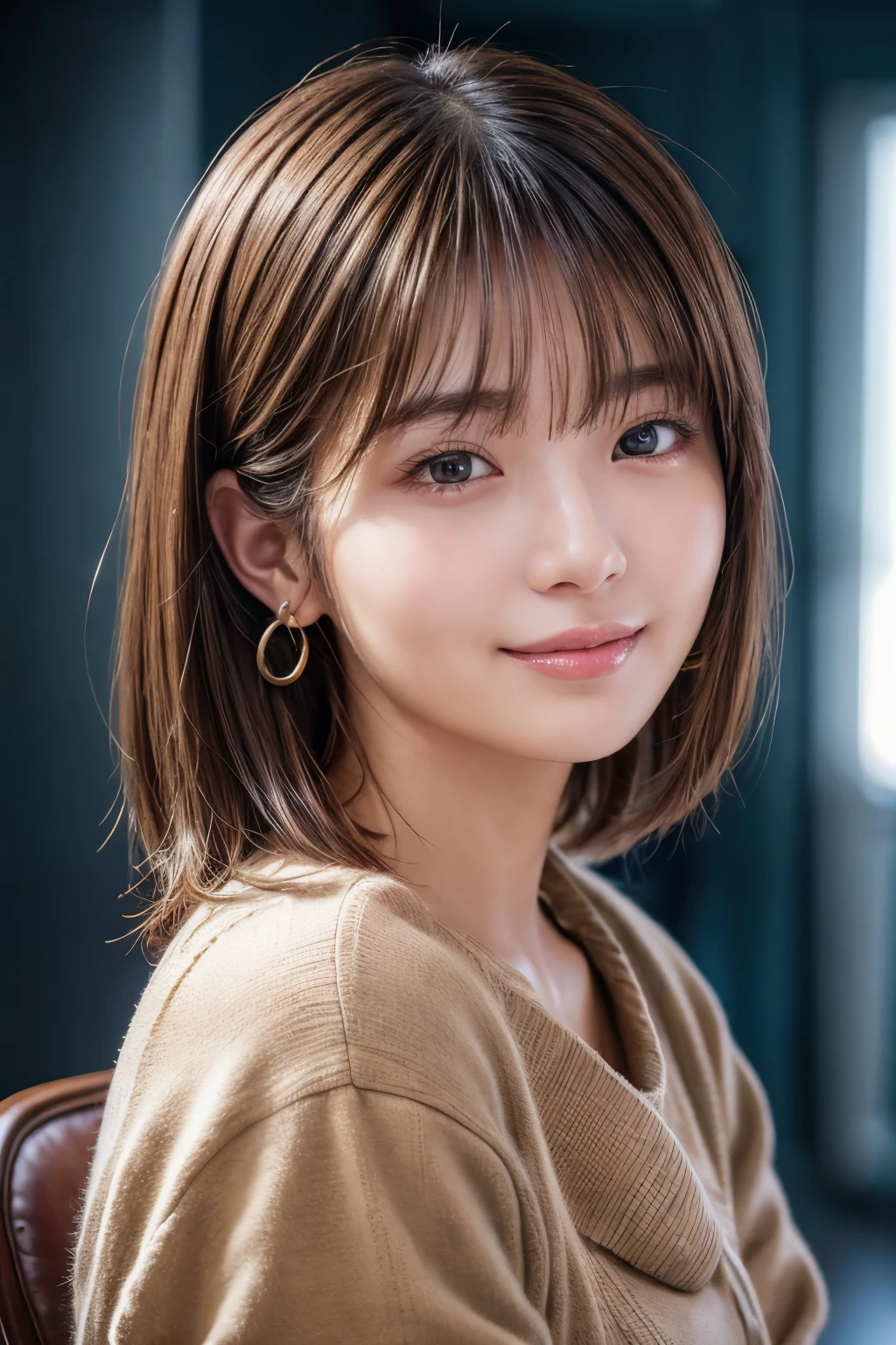 Upper Body、Beauty、Well-formed face、20-year-old、Uniform eyes、Small face、, light brown hair, hair over shoulder, parted bangs, straight hair, expressive hair, shiny hair, earrings, seductive smile, Surrealism, cinematic lighting, first-person view, pov, f/1.2, Nikon, UHD, textured skin, best quality, highres, 8k