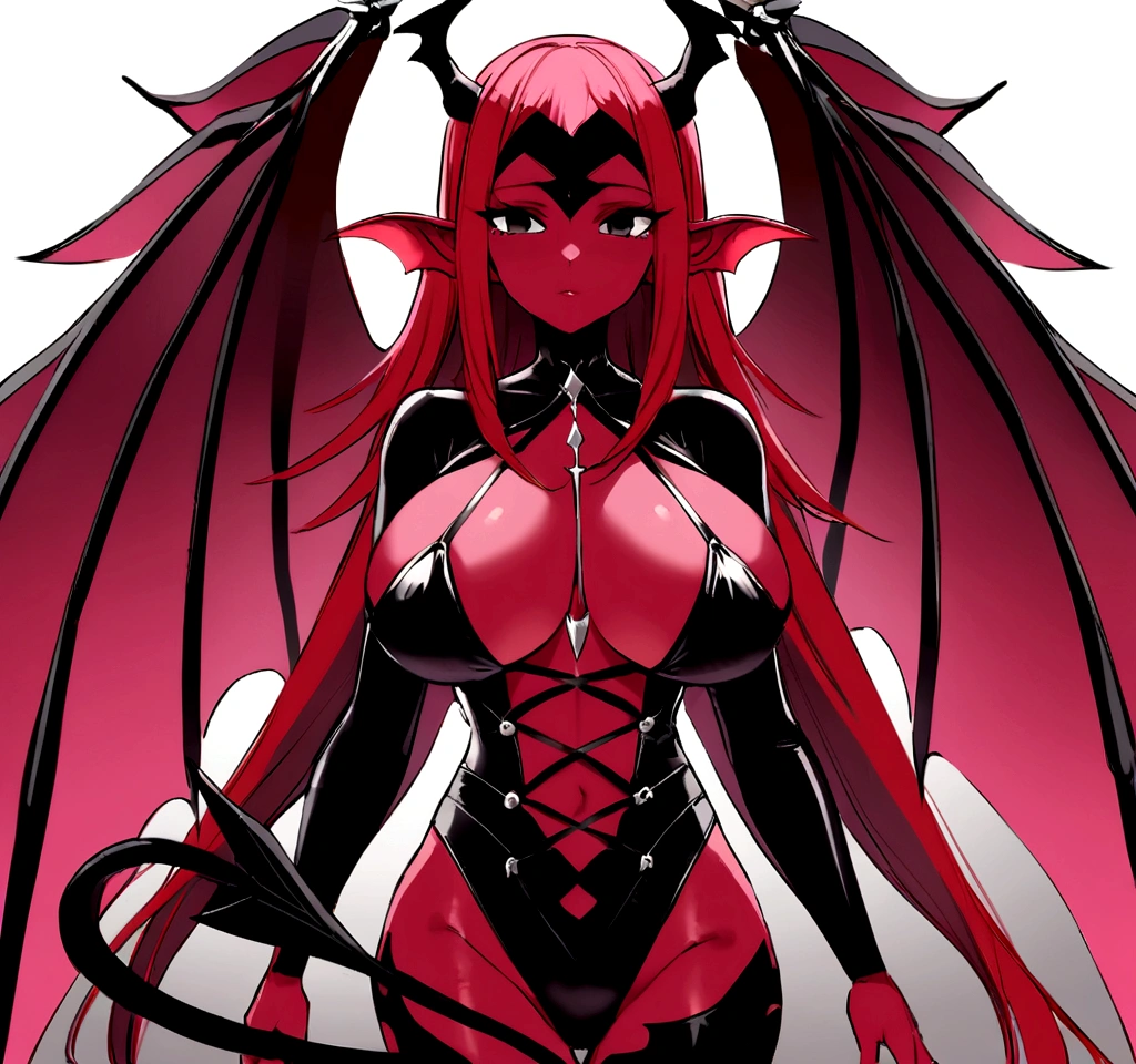 Crie uma succubus. She must have red skin, symmetrical face, chifres retorcidos, completely black eyes, cabelos longos e negros. Your body must have big breasts, Waist slender, quadris largos e coxas grossas. She must possess a pair of demonic wings located on her back and a tail with an arrow at the tip.