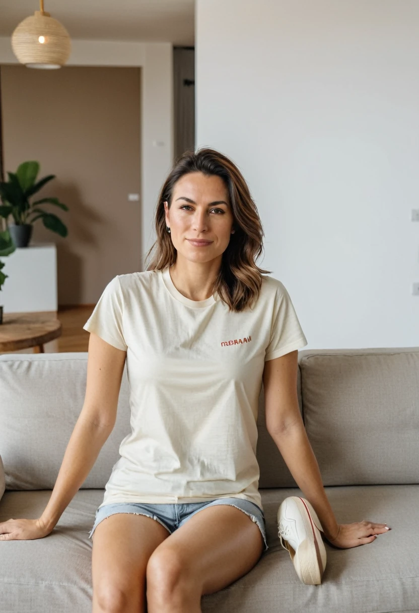 RAW photo, full body, 30-year-old woman, casual t-shirt, sitting on the guest sofa, looking at the viewer, wearing cream shoes, straight forward position, in front of the viewpoint,