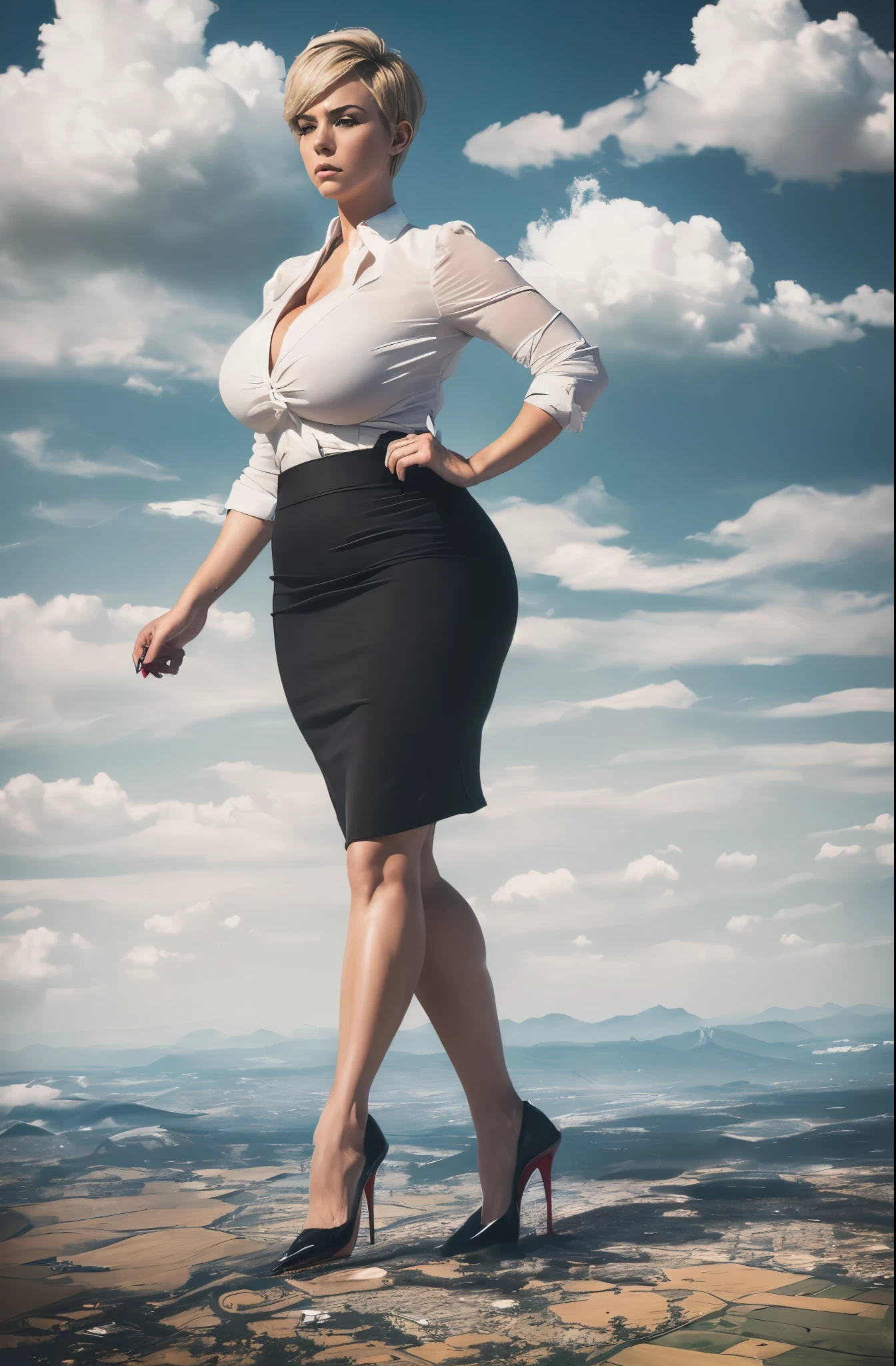 Hannah Waddingham, (masterpiece, best quality, best shadows, best shading, perfect hands, perfect face, cinematic lighting, colorful, ultra-detailed, beautiful photography, character focus, extremely-detailed, photorealistic, hyper photorealism, atmospheric), (rural destruction:1.7), (giantess, stereotypical office worker), (dirty, filthy, unwashed, sweaty, unkempt, angry, tired, exhausted, annoyed), (walking, mid stride, stepping down on, stomping, crush, rampage), (black patent Louboutin pointed toe pumps, high heels, stiletto heels), ((revealing crisp white blouse, short black pencil skirt)), (short blonde pixie hair), (high altitude photography, satellite view), (curvy, thicc, exposed cleavage, heaving bosom, legs), (urban sprawl, farmland and small towns, destruction, buildings, roads), (((cloudy, overcast, clouds and atmosphere partly obscuring the subject, hazy atmosphere, haze in foreground, wispy clouds)))