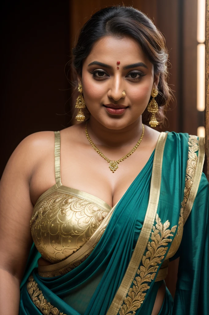 Foto RAW, photorealistic, photography, full body shot, master shot, perfect eyes, goddess like beauty, pierced eyes, perfect thick chubby mallu Desi aunty bhabhi, Full figured woman, juicy thick figure, bulky figure, curvy, fleshy curvy figure, voluptuous body, wide body, full figured aunty, Sexy navel folds, fleshy figure, heavy figure, Wearing a Stanapatta, a chest-band.Saree model, model Photography, Indian saree shoot, Indian traditional wear advertising photography, traditional wear brand shoot, face of Indian actress Sonakshi Sinha, masterpiece, realistic, realism, incredible details,  pleasure, photorealism, detailed skin, skin pores, high contrast, photorealistic Artstation 8k HD digital art trend of high definition and detailed realistic skin texture, ultra detail, realistic skin texture, armature, best quality, ultra high definition, (photorealistic:1.4),, high resolution, detail, raw photo, sweat, Re sharp, by Lee Jefferies Nikon D850 Film Stock Photo 4 Kodak Portra 400 Camera F1.6 Lens Rich Color Ultra Real Realistic Realistic Textures Dramatic Lighting Unreal Engine Trending at Art Station Cinestill 800,(pele altamente detalhada: 1.2), 8k UHD, DSLR, soft-lighting, alta qualidade, grain of film, Fujifilm XT3,she didn't like to wear blouse or bra, She doesn't like to wear bra or blouse as it is against her traditional customs, wearing a Bra or blouse is against her forbidden in her tribes ritual, traditional no blouse saree,  detailed hairy armpits, hyper realistic skin, skin pores, sweat, veins, 