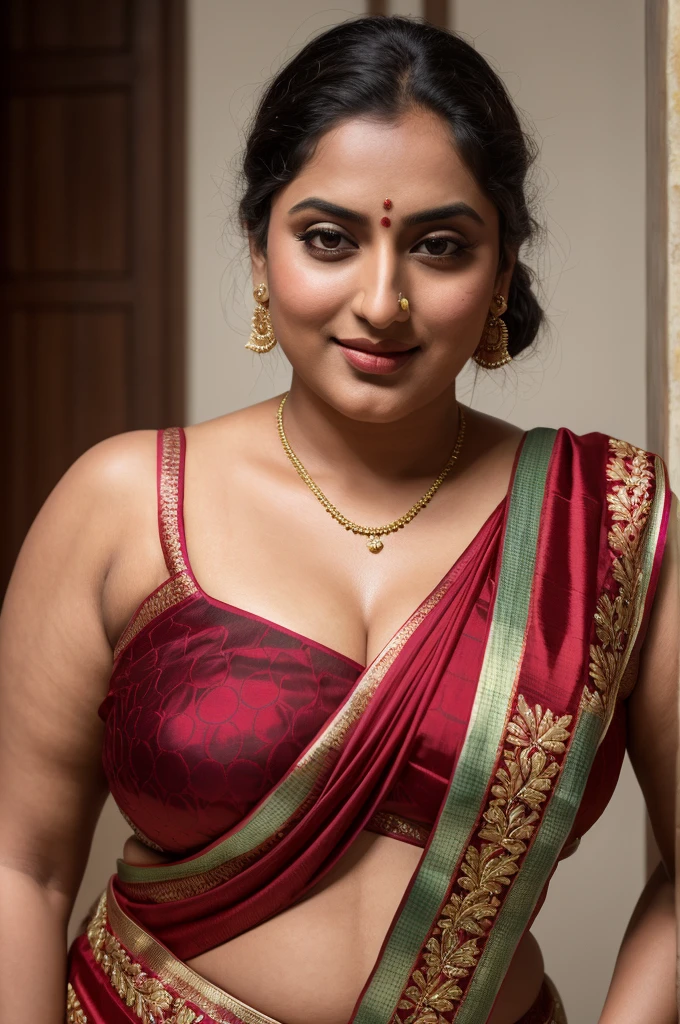 Foto RAW, photorealistic, photography, full body shot, master shot, perfect eyes, goddess like beauty, pierced eyes, perfect thick chubby mallu Desi aunty bhabhi, Full figured woman, juicy thick figure, bulky figure, curvy, fleshy curvy figure, voluptuous body, wide body, full figured aunty, Sexy navel folds, fleshy figure, heavy figure, Wearing a Stanapatta, a chest-band.Saree model, model Photography, Indian saree shoot, Indian traditional wear advertising photography, traditional wear brand shoot, face of Indian actress Sonakshi Sinha, masterpiece, realistic, realism, incredible details, pleasure, photorealism, detailed skin, skin pores, high contrast, photorealistic Artstation 8k HD digital art trend of high definition and detailed realistic skin texture, ultra detail, realistic skin texture, armature, best quality, ultra high definition, (photorealistic:1.4),, high resolution, detail, raw photo, sweat, Re sharp, by Lee Jefferies Nikon D850 Film Stock Photo 4 Kodak Portra 400 Camera F1.6 Lens Rich Color Ultra Real Realistic Realistic Textures Dramatic Lighting Unreal Engine Trending at Art Station Cinestill 800,(pele altamente detalhada: 1.2), 8k UHD, DSLR, soft-lighting, alta qualidade, grain of film, Fujifilm XT3,she didn't like to wear blouse or bra, She doesn't like to wear bra or blouse as it is against her traditional customs, wearing a Bra or blouse is against her forbidden in her tribes ritual, traditional no blouse saree, detailed hairy armpits, hyper realistic skin, skin pores, sweat, veins,