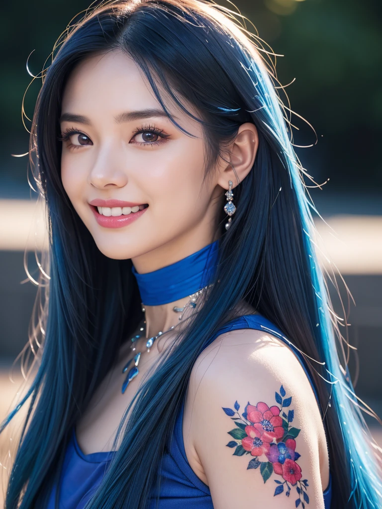 1girl, alone, solitary, high quality, (best quality,4k,8k,highres,masterpiece:1.2),ultra-detailed,(realistic,photorealistic,photo-realistic:1.37),gorgeous hair,sapphire hair,long straight hair with bangs,sharp eyes,mole under the eye,plump lips,jewelry,(high detailed skin:1.4),(rim lighting:1.3),(lit:1.3),(sunny day:1.3),portrait,beautiful lips,waist-length hair,seductive gaze,moles,casual clothes,colorful clothing,close up,super long hair,choker necklace,tattoos,tattooed,light eyes,bangs,fringe,20 year old,dimples on the cheeks,dimples,sapphire blue hair,bluehair,blue hair,bright royal blue hair,royal blue,sapphire hair,sapphire,beautiful smile,perfect teeth,straight teeth,perfect sized teeth,dazzling smile