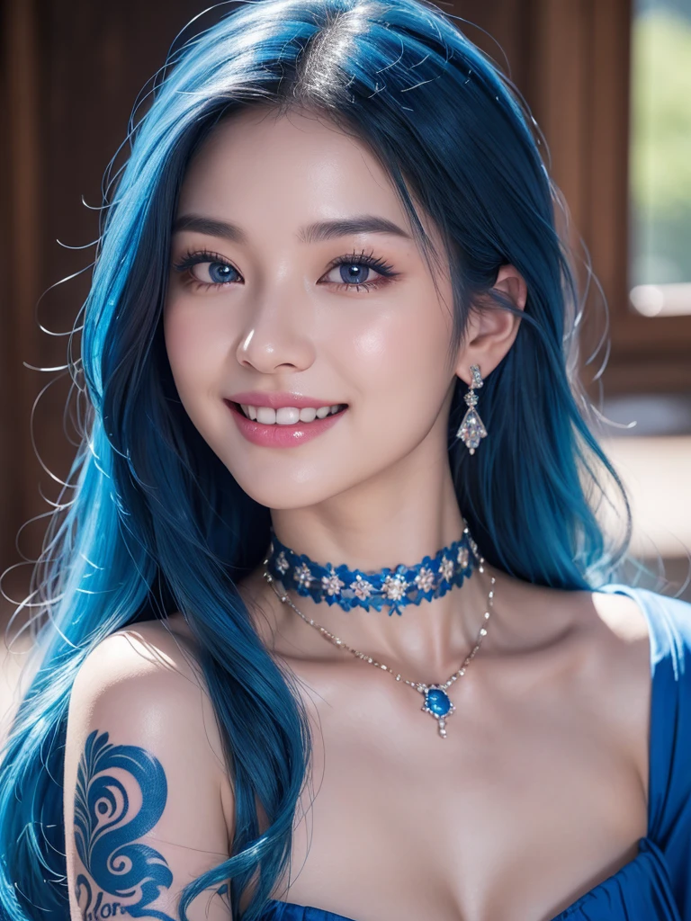 1girl, alone, solitary, high quality, (best quality,4k,8k,highres,masterpiece:1.2),ultra-detailed,(realistic,photorealistic,photo-realistic:1.37),gorgeous hair,sapphire hair,long straight hair with bangs,sharp eyes,mole under the eye,plump lips,jewelry,(high detailed skin:1.4),(rim lighting:1.3),(lit:1.3),(sunny day:1.3),portrait,beautiful lips,waist-length hair,seductive gaze,moles,casual clothes,colorful clothing,close up,super long hair,choker necklace,tattoos,tattooed,light eyes,bangs,fringe,20 year old,dimples on the cheeks,dimples,sapphire blue hair,bluehair,blue hair,bright royal blue hair,royal blue,sapphire hair,sapphire,beautiful smile,perfect teeth,straight teeth,perfect sized teeth,dazzling smile