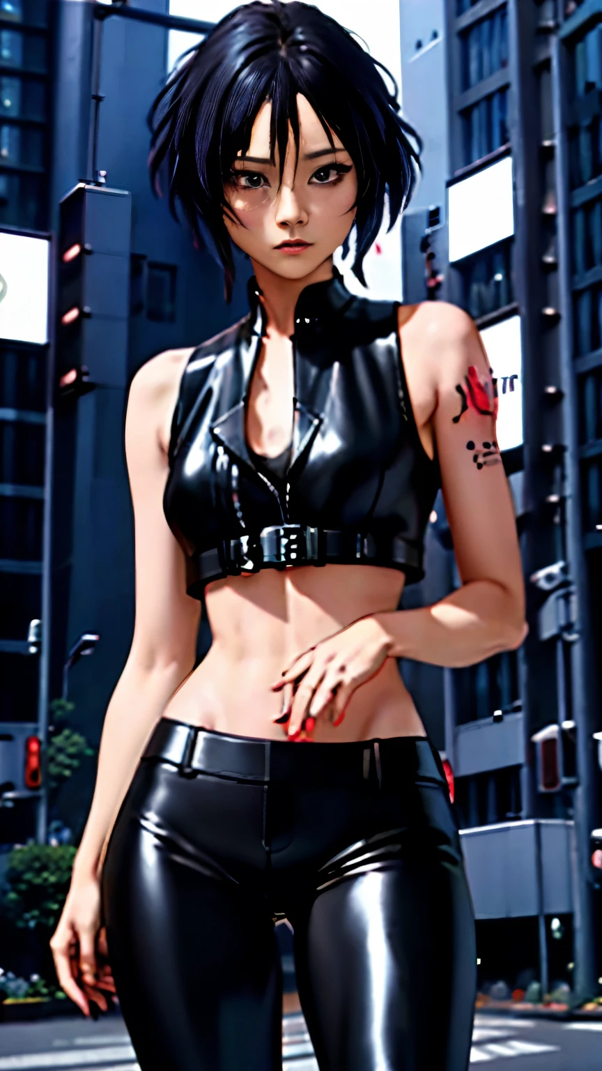 (highest quality),masterpiece,Super detailed,8K, UHD,Beautiful woman,japanese woman,No expression,whole body,((tattoo)),slim,black leather pants,black leather vest,(female mafia),gangster,(cyberpunk city),night,cinematic lightening,underworld