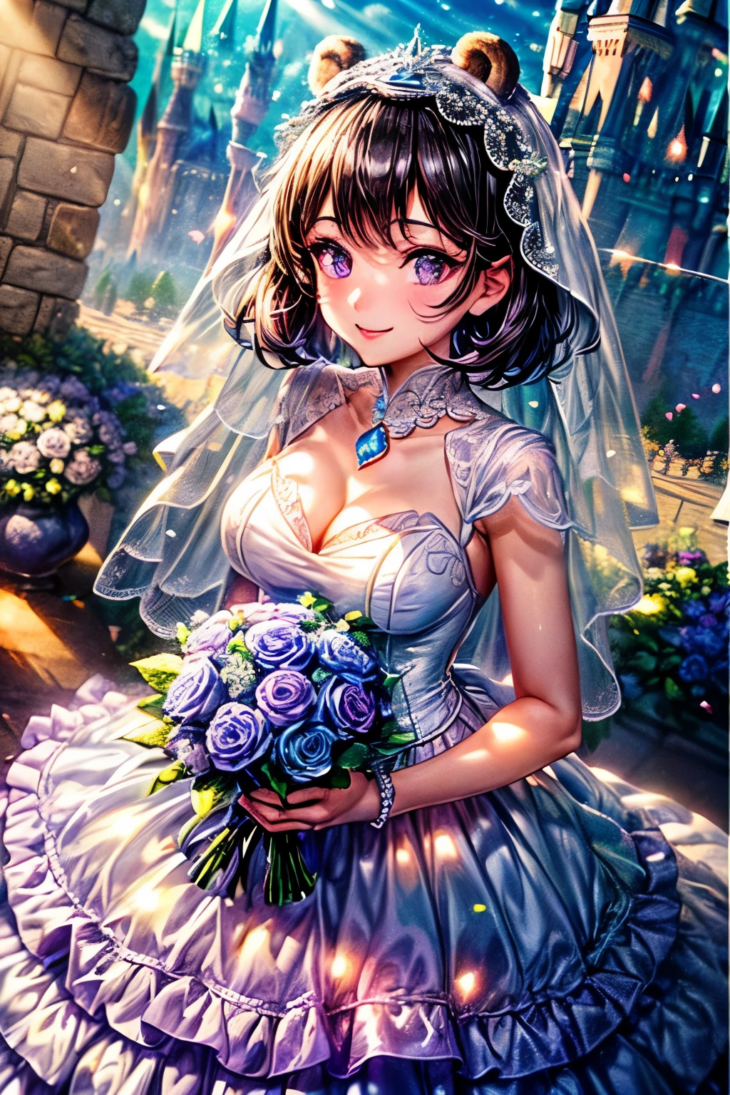 {worst quality, low quality}, muste piece,best quality,Super detailed,masterpiece, (Cinderella Castle:1.3), (Cinderella Castle background:1.2), ((Close-up)), ((face focus)), ((Kemonomimi girl with black bear ears:1.2)), solo, ((Black short hair:1.3)), plump and glossy lips, (Beautiful purple eyes:1.3), spoken word heart, (best smile), spoken word heart, (Cute Pose:1.2), (Wedding dress:1.2), (Blong white face veil:1.4), (holding a bouquet of flowers:1.2), (perfect hands:1.4), ((Shining sunlight:1.4)), (light Particle, light glow, llight rays:1.4), masutepiece,Best Quality,ultra-detailliert, best quality, masterpiece, 32k,