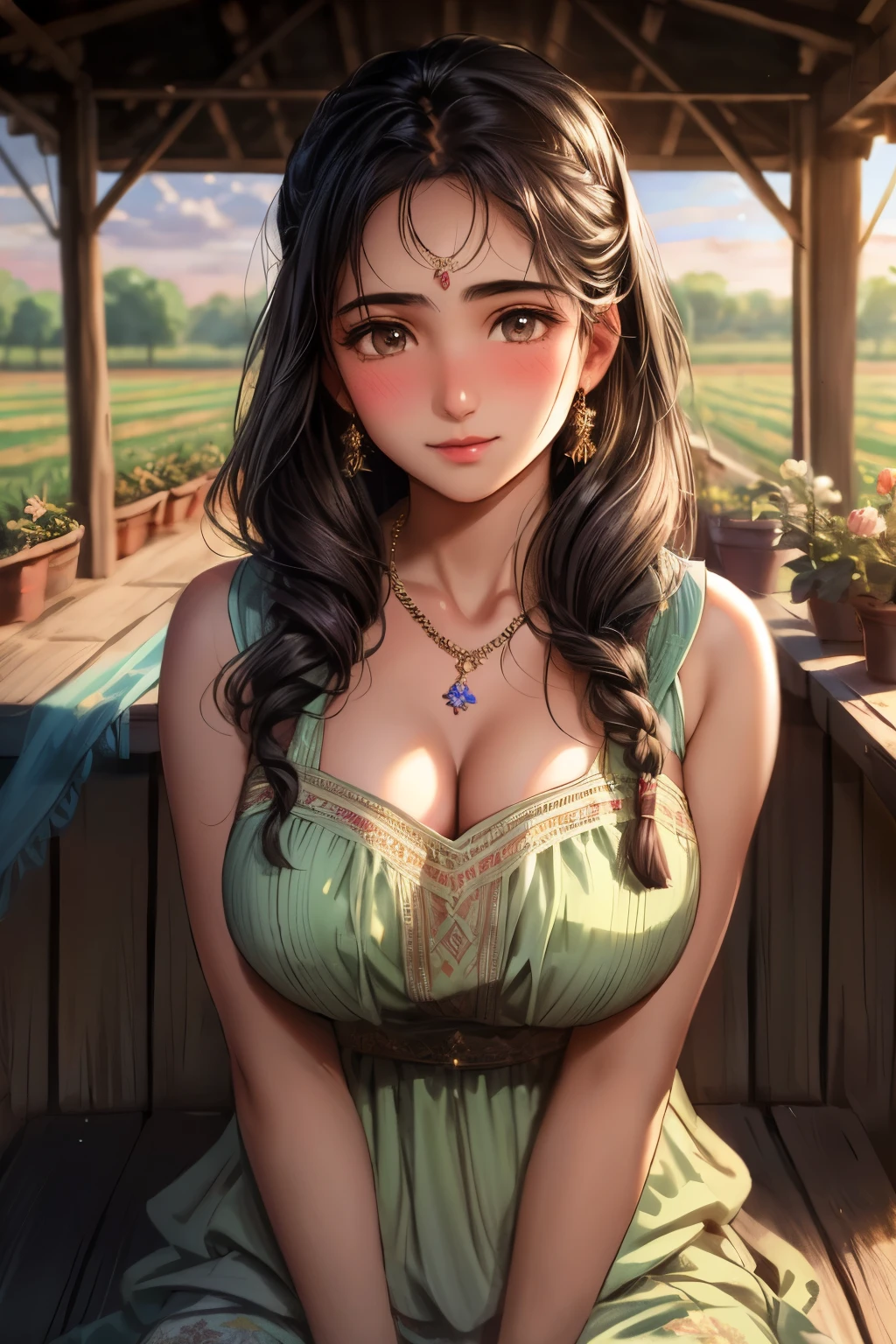 Afghan elite girl, (), in the farm, dawn, bosomy, necklace, blushing expression, (bottom focus), (face and skin details), (masterpiece, best quality, highly detailed, hyper realistic) 