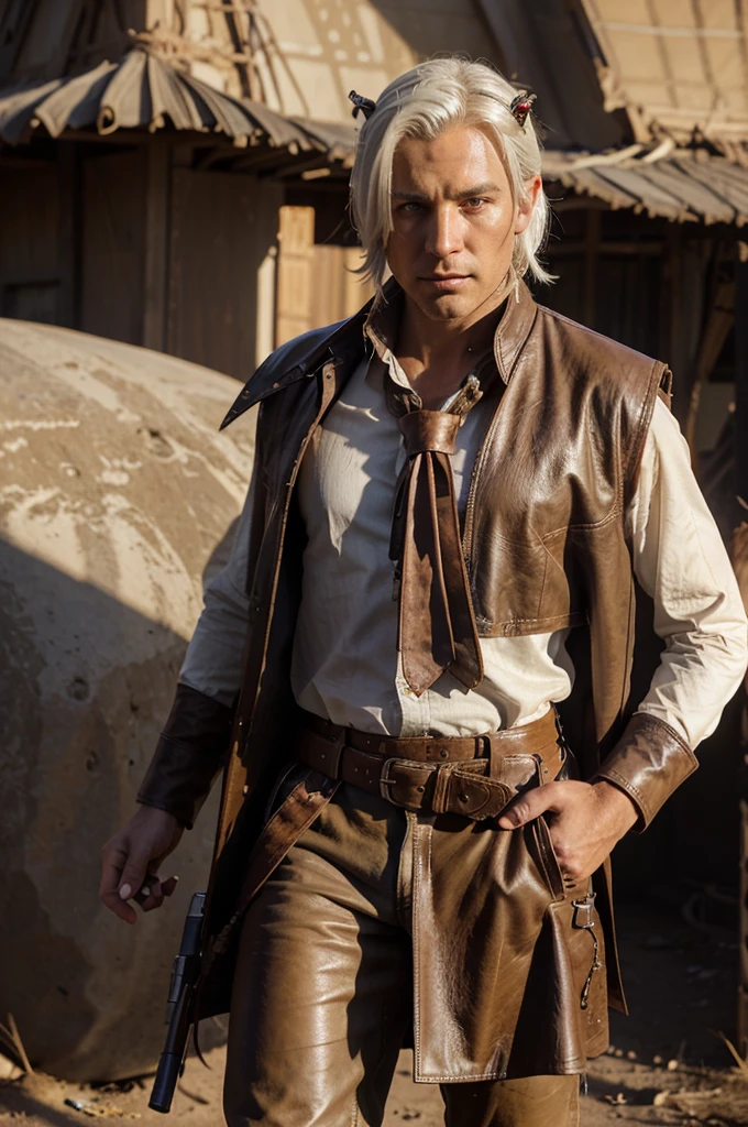 A male Tiefling Artificer named Moxie, aged 23, standing in a desert environment. He has red skin, medium-length white hair slicked back, and yellow eyes with black pupils. His horns are bent backward, and he has a metal artificial hand. Moxie is dressed in a dusty cowboy outfit, including a white shirt, brown vest, leather duster, and a brown cowboy hat. He holds a self-made hunting rifle with both hands and has a bunch of grenades attached to his belt and a bag of holding. He has a gentle but serious expression on his face