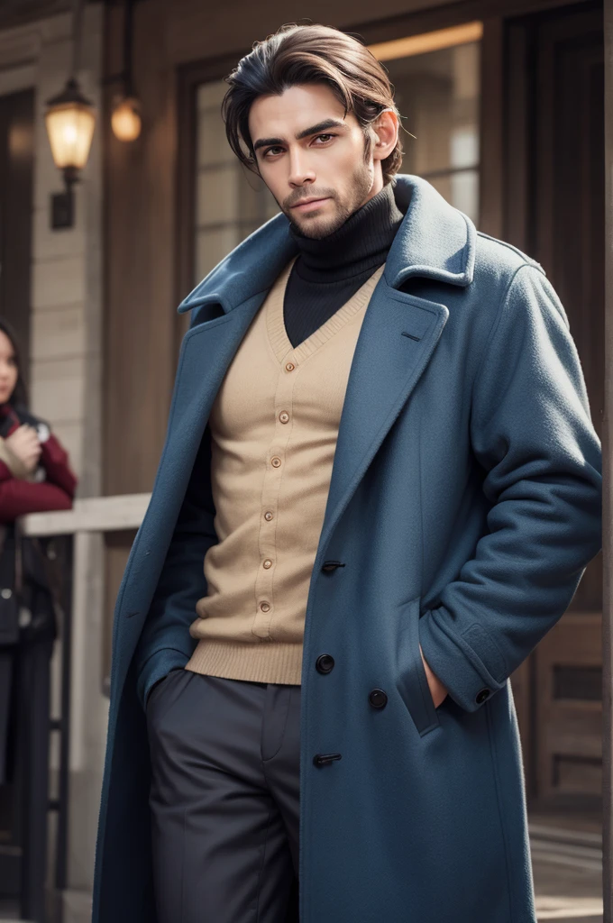 A monkey with a Male character in a coat
