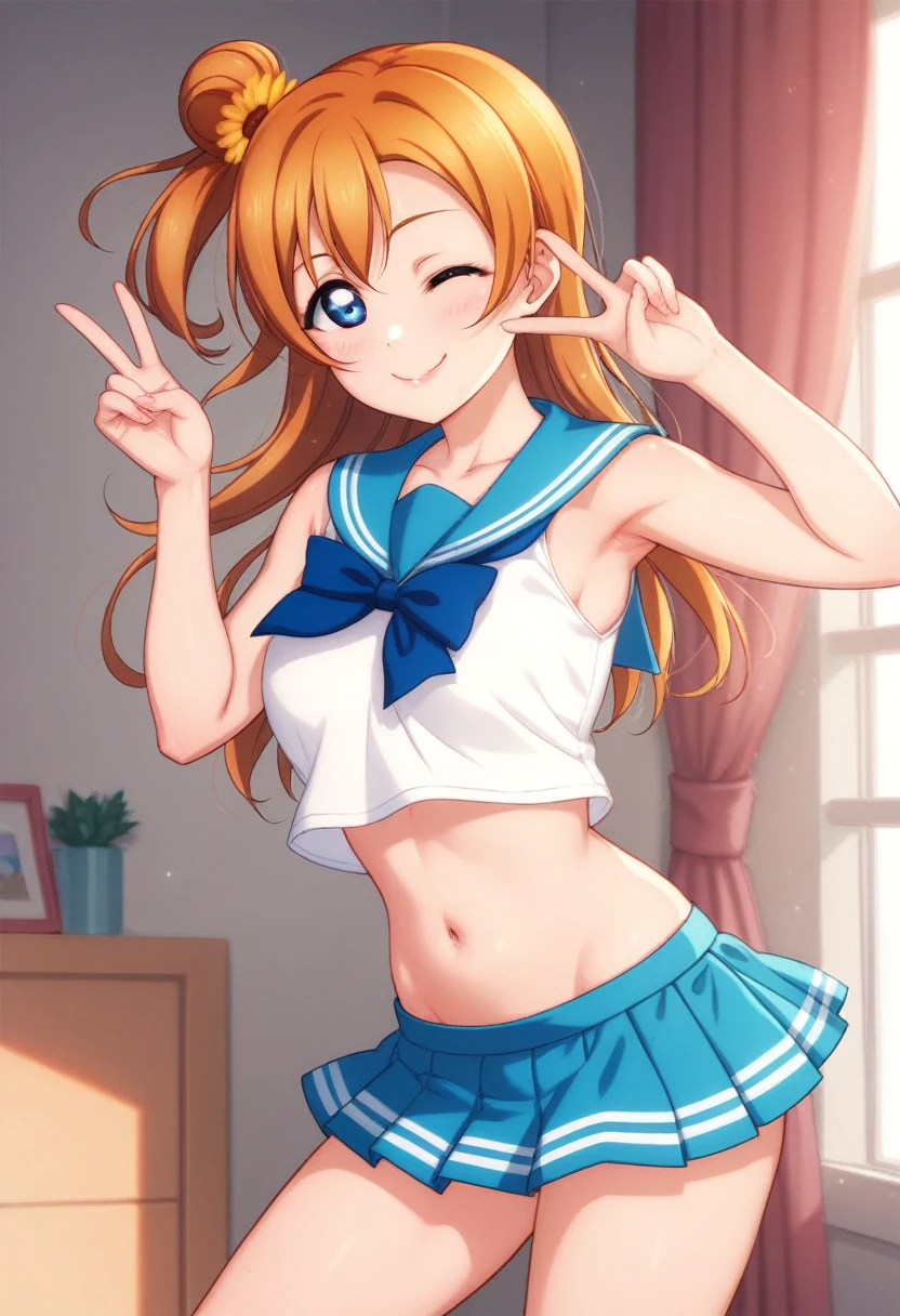 Honoka kousaka love live, cowboy shot, blue eyes, orange hair,hair flower, solo, sailor top, sleeveless, breasts, micro skirt, perfect eyes, Perfect iris，Perfect skin，Soft front light，indoors；（pastel colour:1.2),(lipstick:0.8) ,sexy pose,wink, standing,v legs 