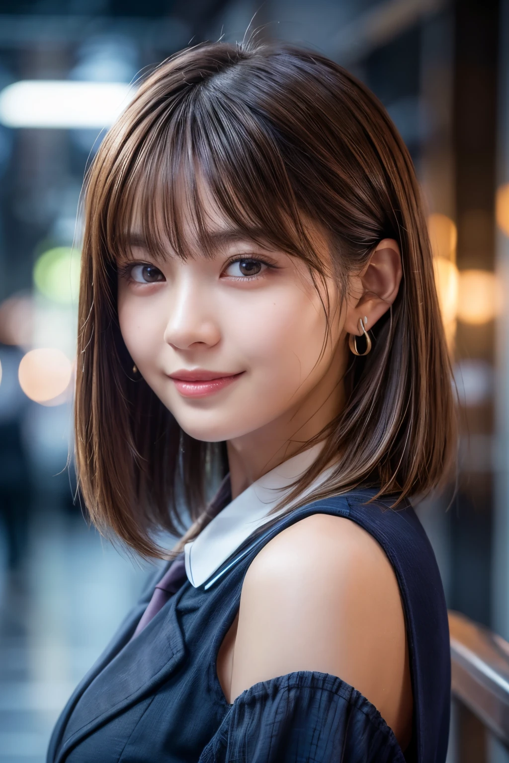 Upper Body、Beauty、Well-formed face、20-year-old、Uniform eyes、Small face、, light brown hair, hair over shoulder, parted bangs, straight hair, expressive hair, shiny hair, earrings, seductive smile, Surrealism, cinematic lighting, first-person view, pov, f/1.2, Nikon, UHD, textured skin, best quality, highres, 8k