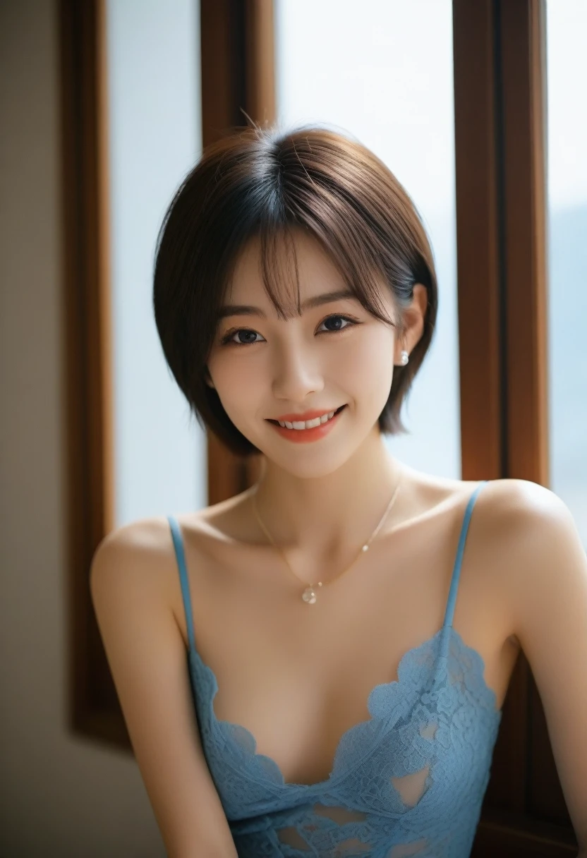 8K, Ultra-high resolution, Highest quality, masterpiece, 三分割法によるphotograph,Surreal, photograph, 1 Girl, (:1.3), pretty girl, Cute face, Beautiful eyes in every detail, 細かくdetailedに,masterpiece,, One Girl:1.2, Japan Female Announcer,whole body,Blue lace thong&good, (((Very elegant and beautiful, Perfect detail, 非常にdetailedな))), 1 Girl(naked;1.3), Very short hair, Spiked Hair, Beautiful detailed hair, Perfect Face, Beautiful and gorgeous necklace, Colorful background, HD background, Blurred Background, Very delicate and beautiful, (Inside the room,Stylish interior,window), Attractive thighs, Sensual,A carefree smile,Heal the heart,Black Hair,Short Bob,Looking at the audience、beauty,Long neck、Laugh a little、Please close your mouth and laugh、(((Ideal body type))),A cup small breasts :2,、Portraiture:2、Perfect Anatomy、鮮明なdetailed、detailed、Surreal、Light and shadow,Strong light