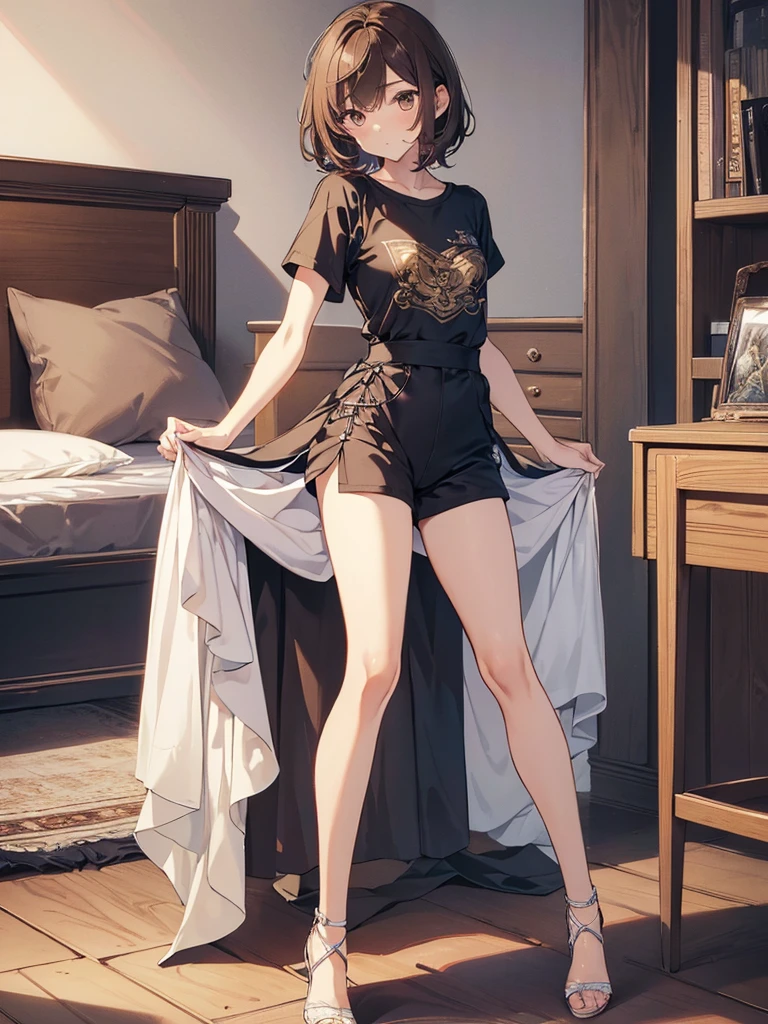 ((highest quality)),(ultra high resolution),(Super detailed),(detailed description),((best CG)),(best work of art),super precision art, great drawing art,(Art with precise details:1.5), (1 man: 1.5) cute looking young man, femboy, silky smooth back length brown hair, soft and cute facial features, slender dainty body, slim waist, small curves, small perky butt, silky smooth legs, very short height of 5ft 5,plain tee shirt and shorts, an overall cute femboy, simple European bedroom background