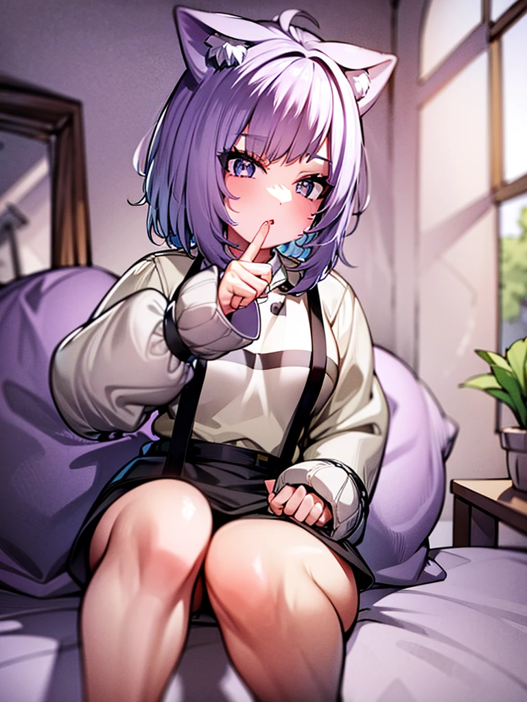 score_9, score_8_up, score_7_up, girl, hetero, 1girl, nazunaxl, purple hair, braided hair rings, short hair, hair rings, blue eyes, ringed eyes, small breasts, masturbating, fingering, NSFW sitted on a sofa,clitoris,vagina