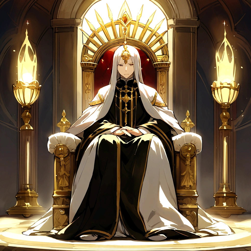 Rules Corneas de Re:Zero as Priest radiating sacred light as a God. He is a man and he is sitting on a Greek throne inside a palace.