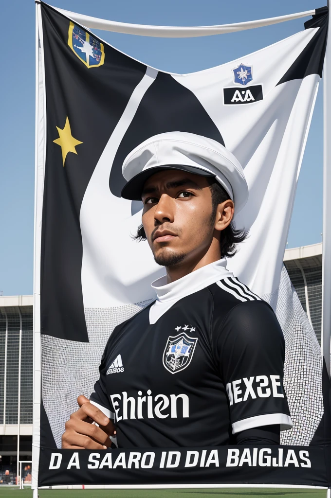 I want a banner that says Vasco da Gama.
The Brazilian football team.

And I also want this banner to be in the team&#39;s colors, black andwhite.

And all this on a soccer field.