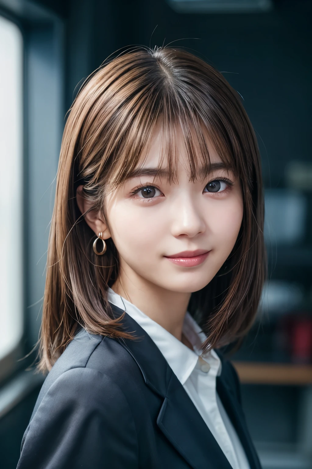 Upper Body、Beauty、Well-formed face、20-year-old、Uniform eyes、Small face、, light brown hair, hair over shoulder, parted bangs, straight hair, expressive hair, shiny hair, earrings, seductive smile, Surrealism, cinematic lighting, first-person view, pov, f/1.2, Nikon, UHD, textured skin, best quality, highres, 8k